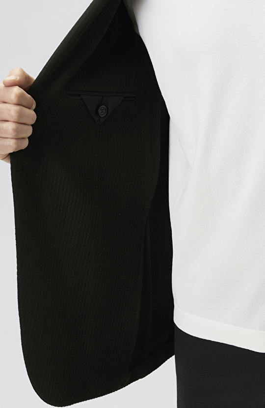 Slim Fit Siyah Mono Yaka Gofreli Örme Ceket