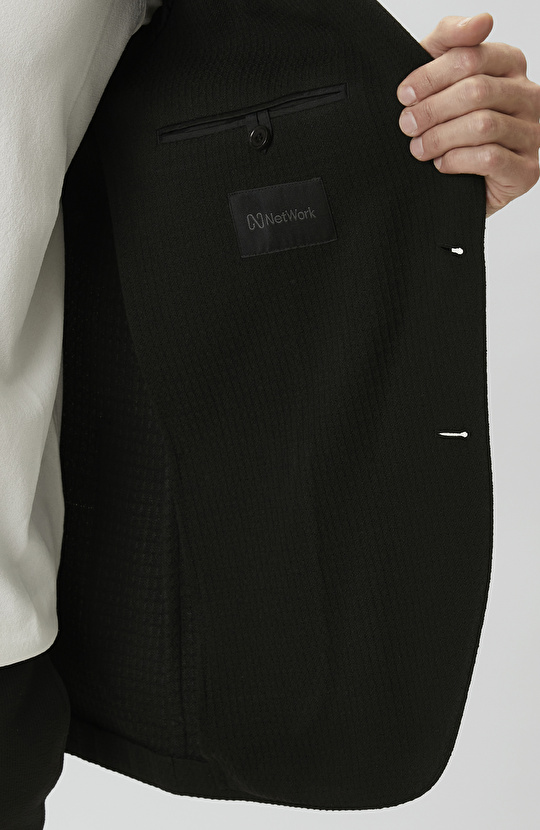 Slim Fit Siyah Mono Yaka Gofreli Örme Ceket
