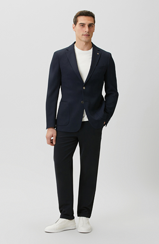 Lacivert Mono Yaka Jakarlı Örme Ceket