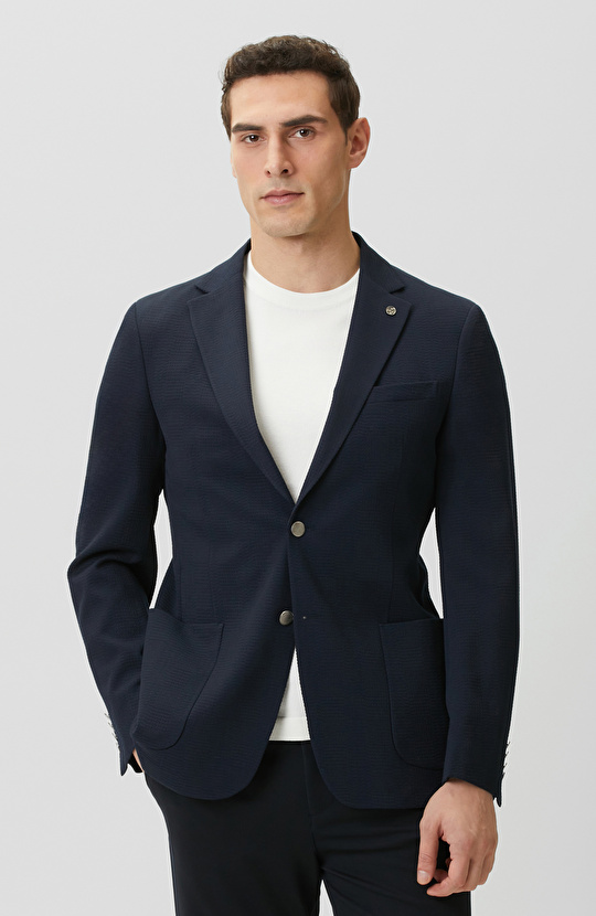 Lacivert Mono Yaka Jakarlı Örme Ceket