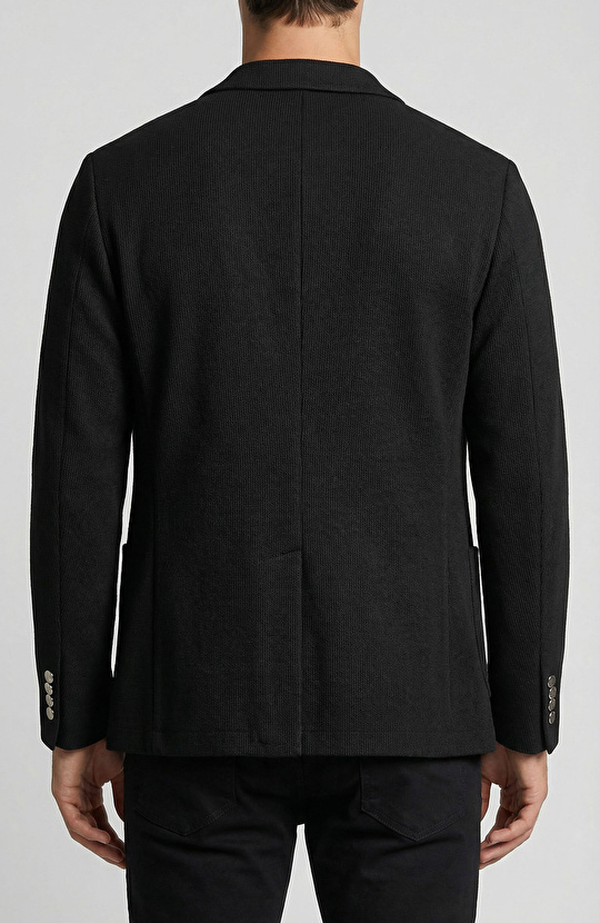 Siyah Slim Fit Gofre Desen Örme Ceket