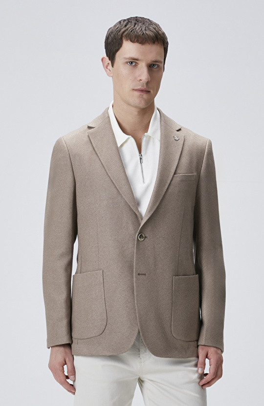Kahverengi Slim Fit Jakarlı Dokuma Ceket