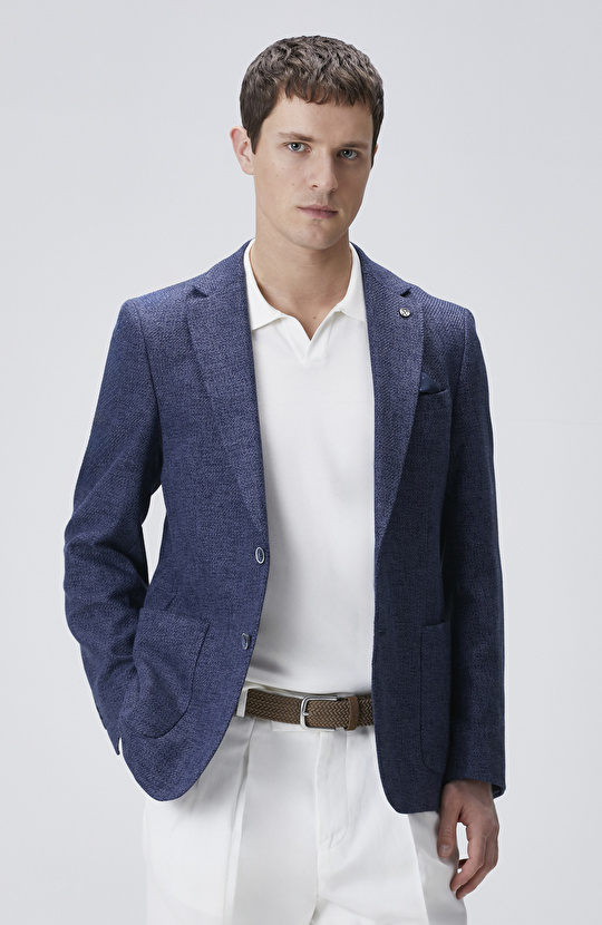 Lacivert Slim Fit Jakarlı Dokuma Ceket
