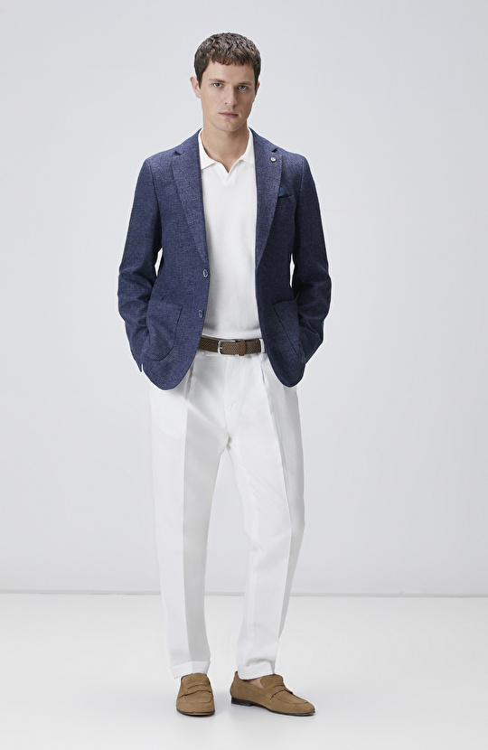 Lacivert Slim Fit Jakarlı Dokuma Ceket