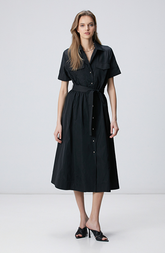 Siyah Kısa Kollu Midi Elbise