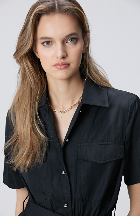 Siyah Kısa Kollu Midi Elbise