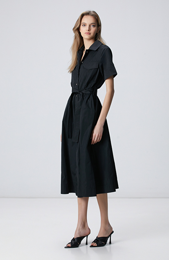 Siyah Kısa Kollu Midi Elbise