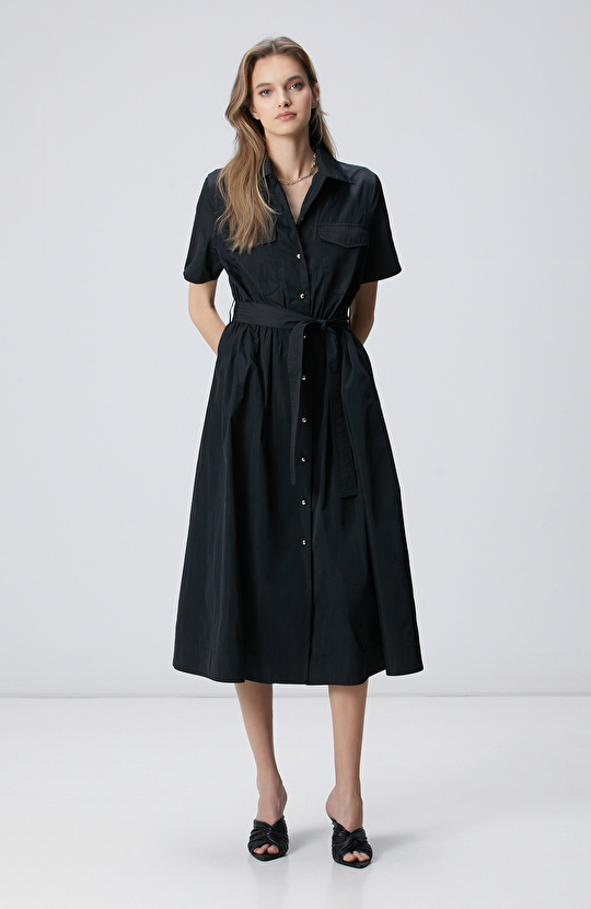 Siyah Kısa Kollu Midi Elbise