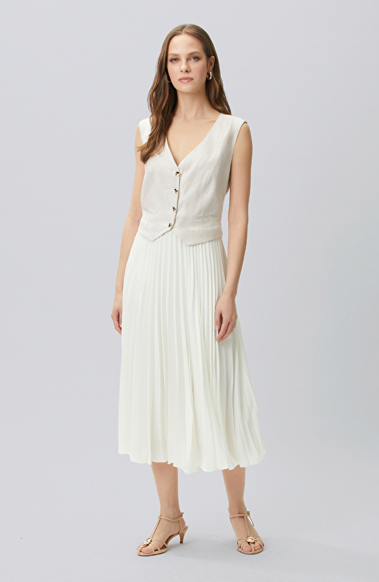 Bej Melanj Keten Karışımlı Midi Elbise