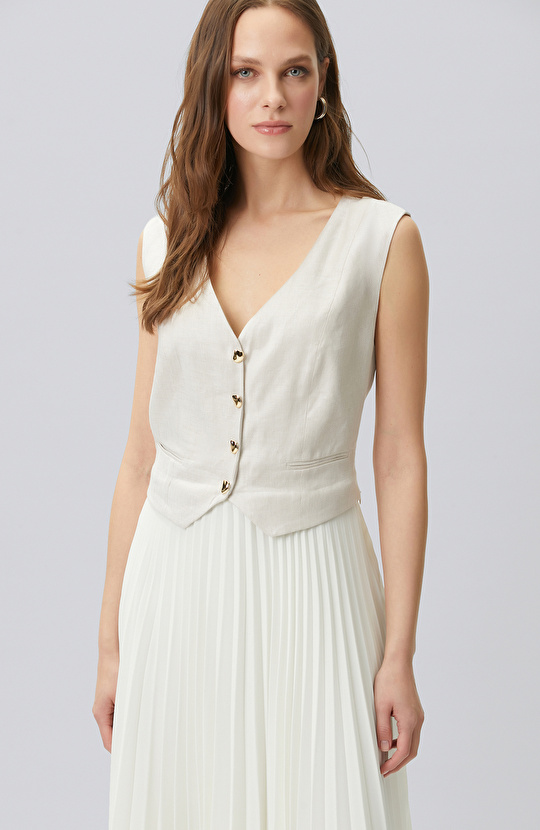 Bej Melanj Keten Karışımlı Midi Elbise