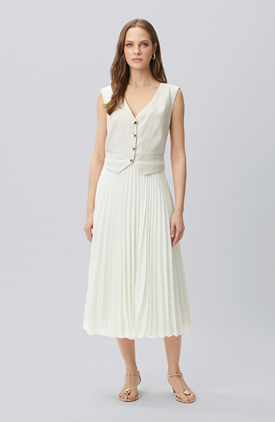 Bej Melanj Keten Karışımlı Midi Elbise