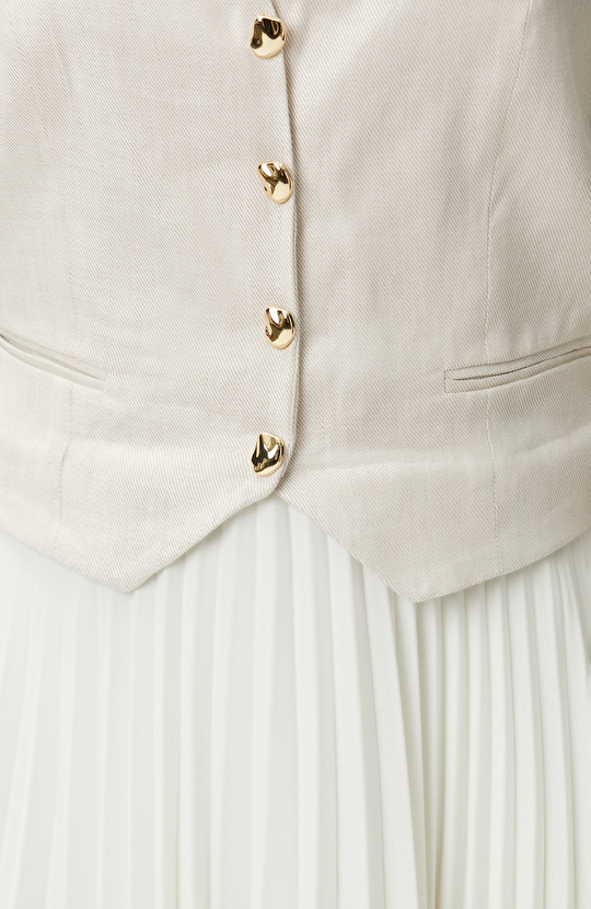 Bej Melanj Keten Karışımlı Midi Elbise