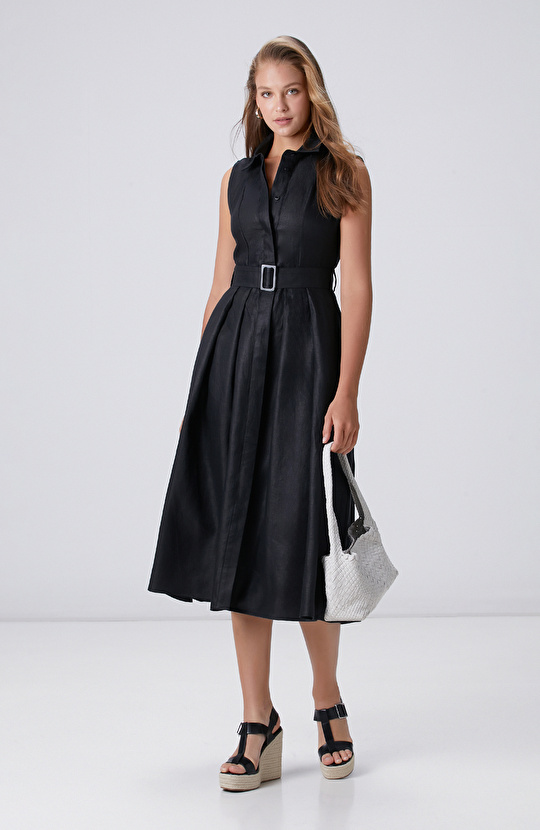 Bej Melanj Keten Elbise