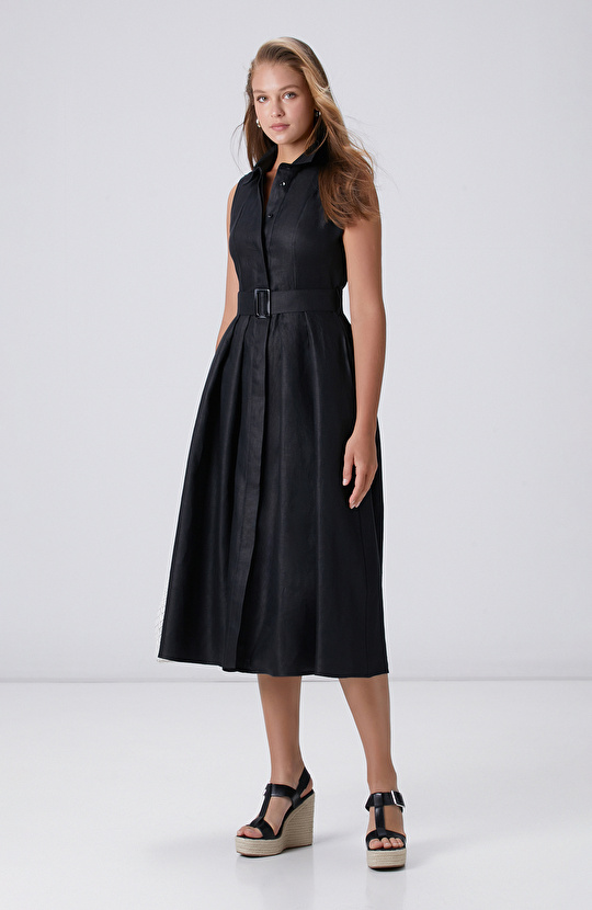 Bej Melanj Keten Elbise