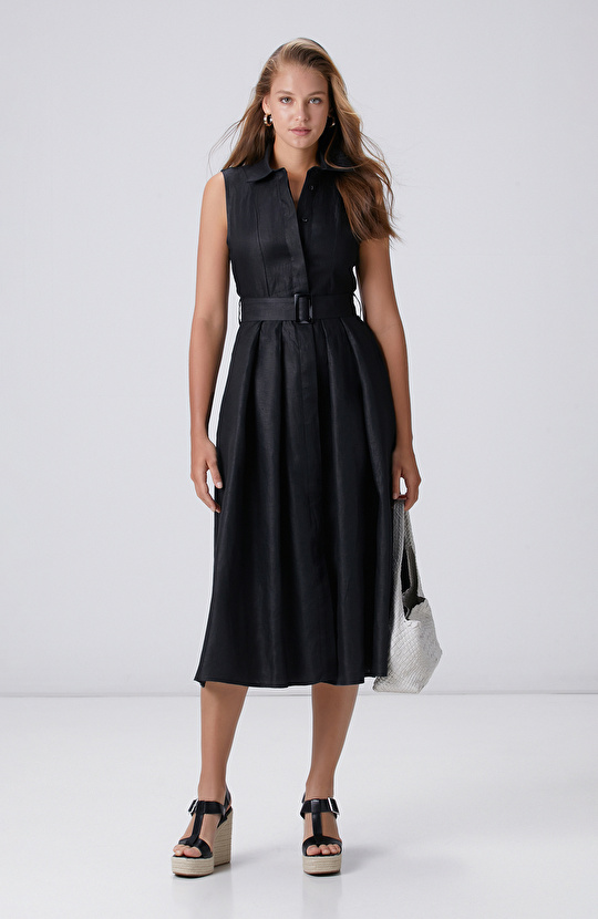 Bej Melanj Keten Elbise