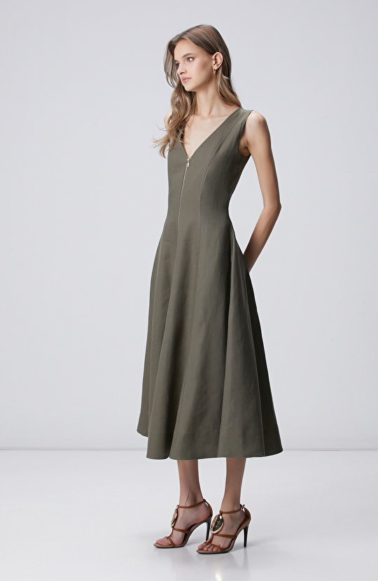 Haki Keten Midi Elbise
