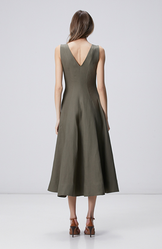 Haki Keten Midi Elbise