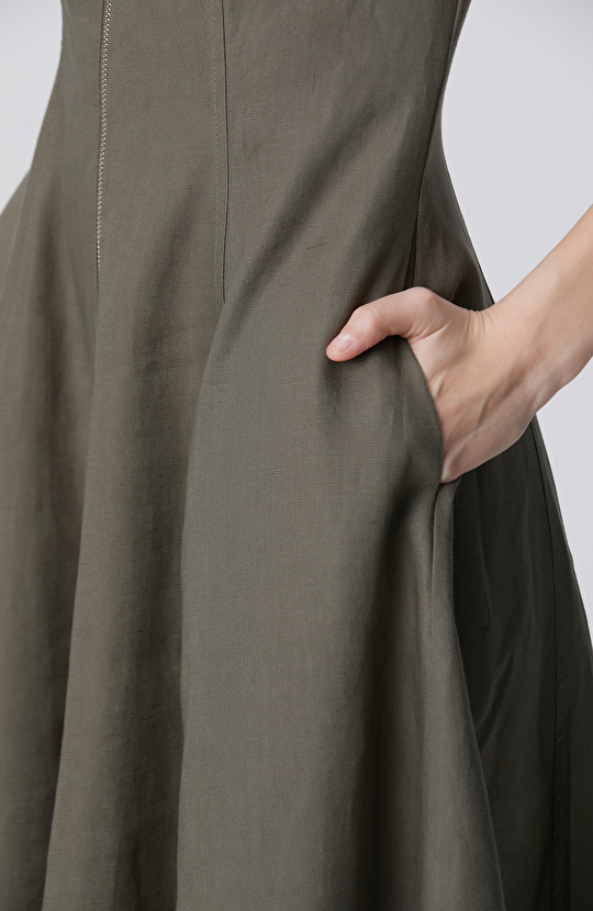 Haki Keten Midi Elbise