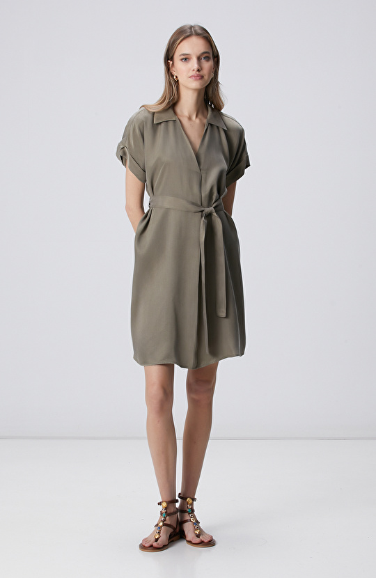 Haki Beli Kuşaklı Midi Cupro Elbise