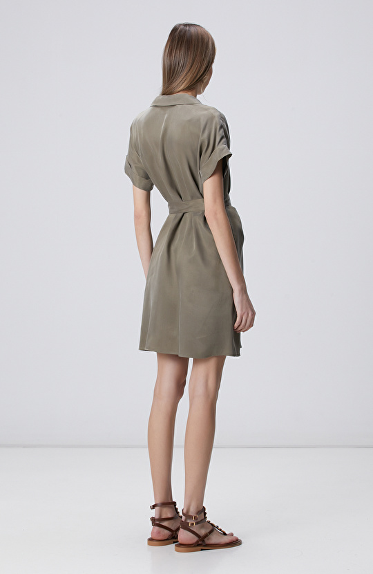 Haki Beli Kuşaklı Midi Cupro Elbise