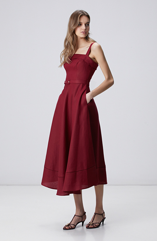 Vişne Midi Keten Elbise