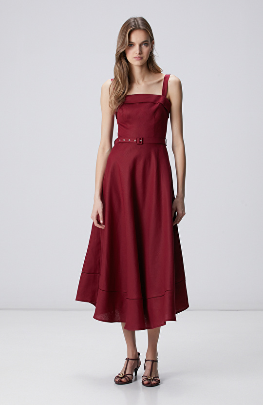 Vişne Midi Keten Elbise