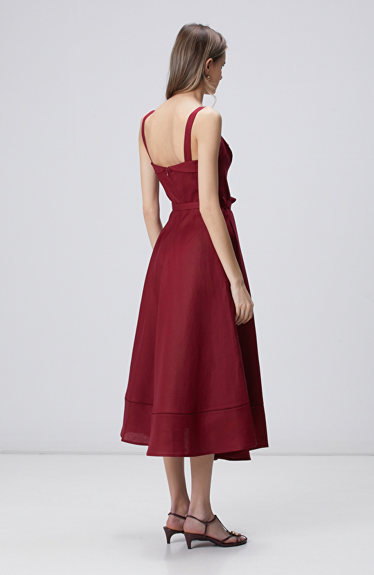 Vişne Midi Keten Elbise