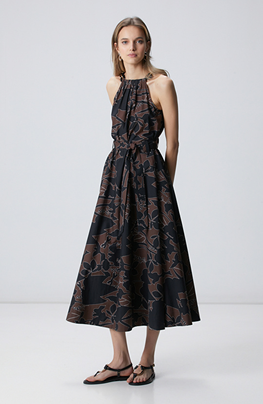 Siyah Kahverengi Desenli Midi Elbise