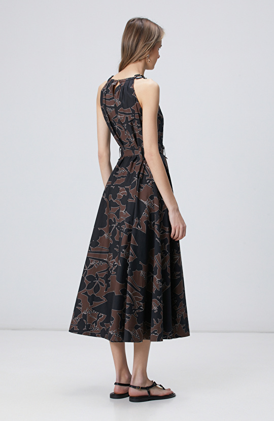 Siyah Kahverengi Desenli Midi Elbise
