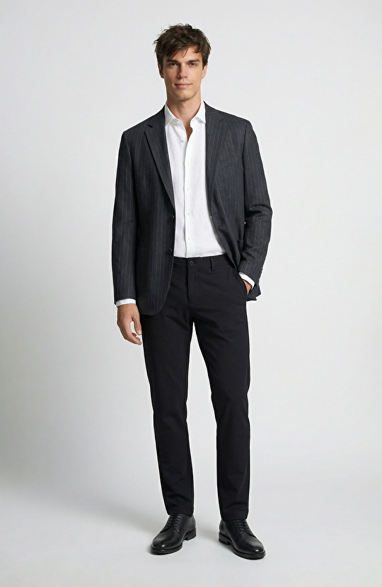 Koyu Lacivert Çizgili Çift Yırtmaç Örme Ceket