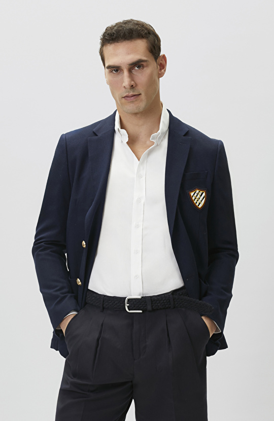 Lacivert Yün Karışımlı Armalı Ceket