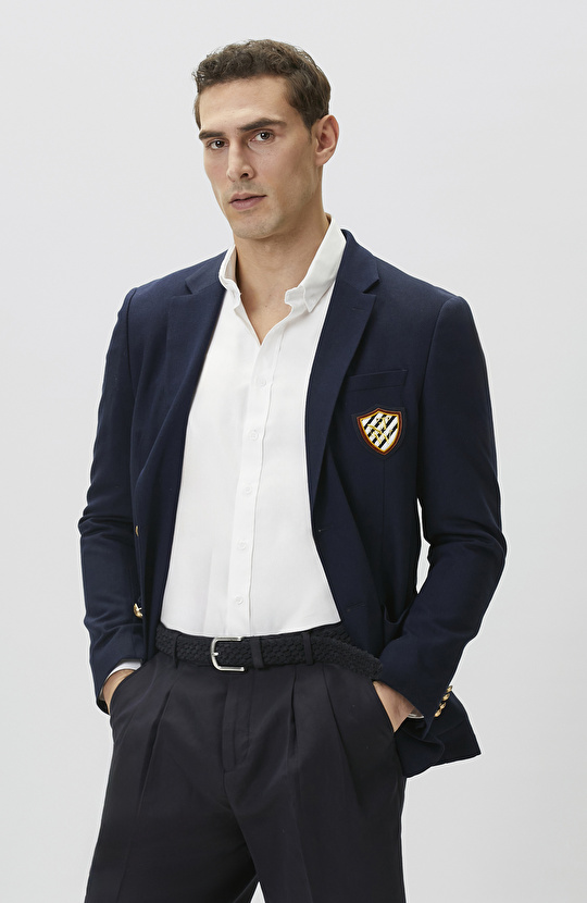 Lacivert Yün Karışımlı Armalı Ceket