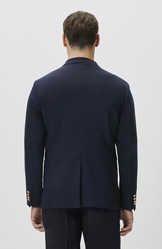 Lacivert Yün Karışımlı Armalı Ceket