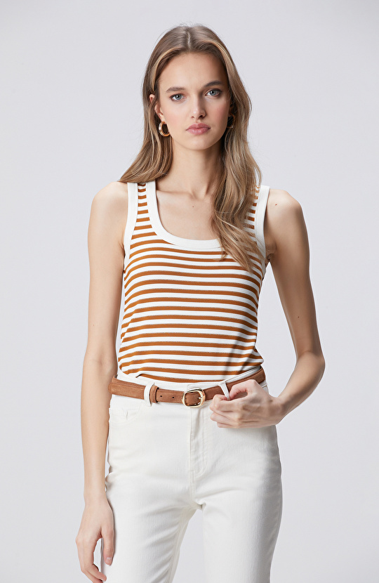 Beyaz Tütün Çizgili Örme Atlet