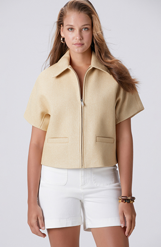 Beige Raffia Short Sleeve Coat