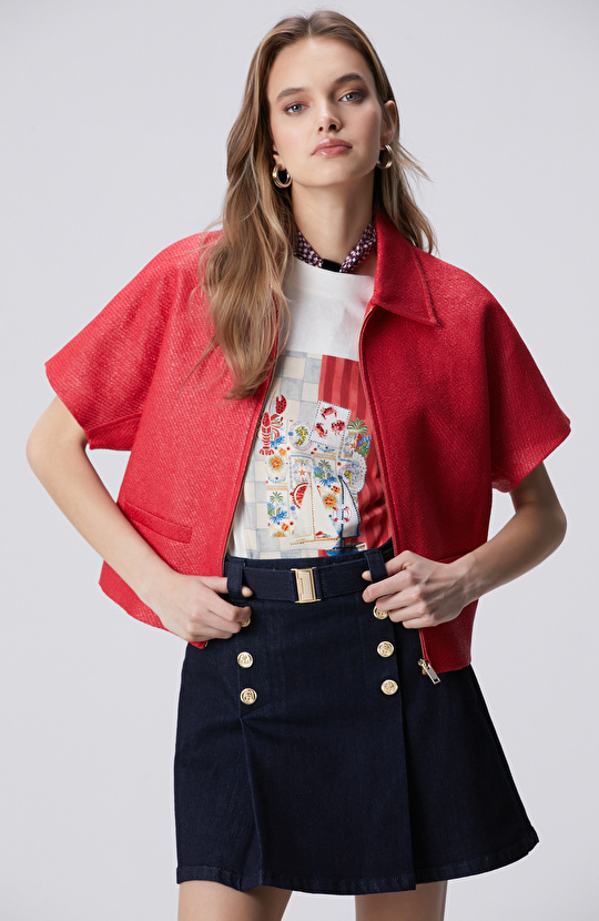 Pomegranate Flower Raffia Short Sleeve Coat