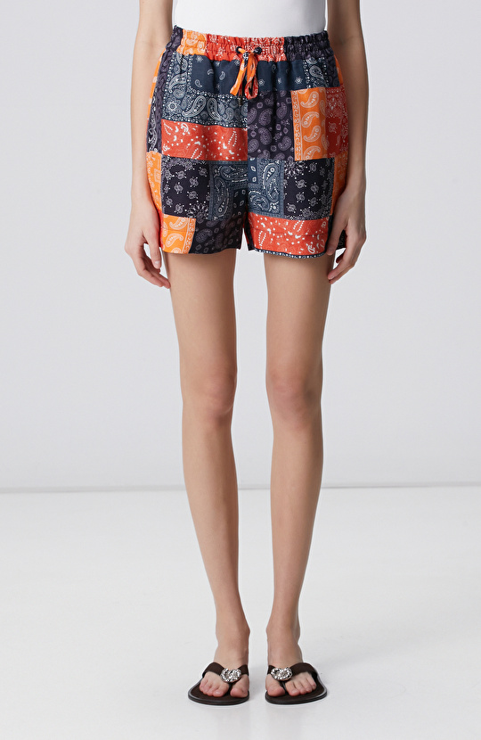 Lacivert Kırmızı Desenli Keten Mix Şort