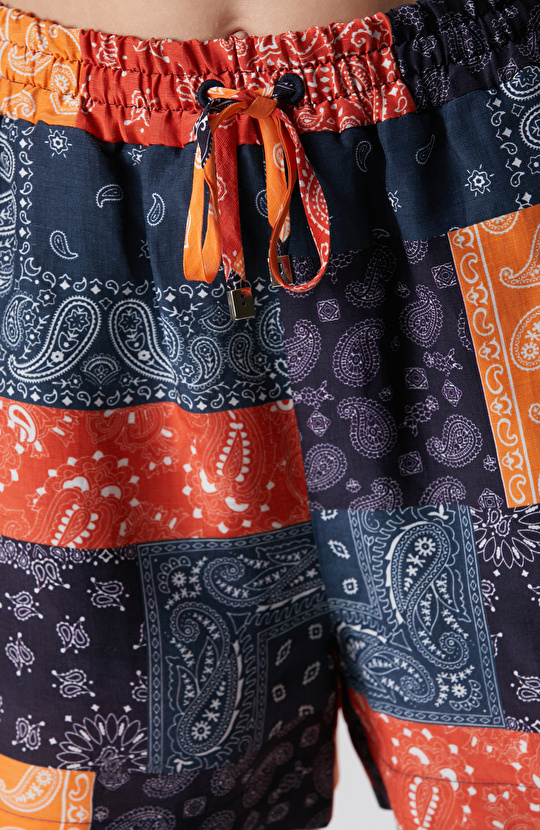 Lacivert Kırmızı Desenli Keten Mix Şort