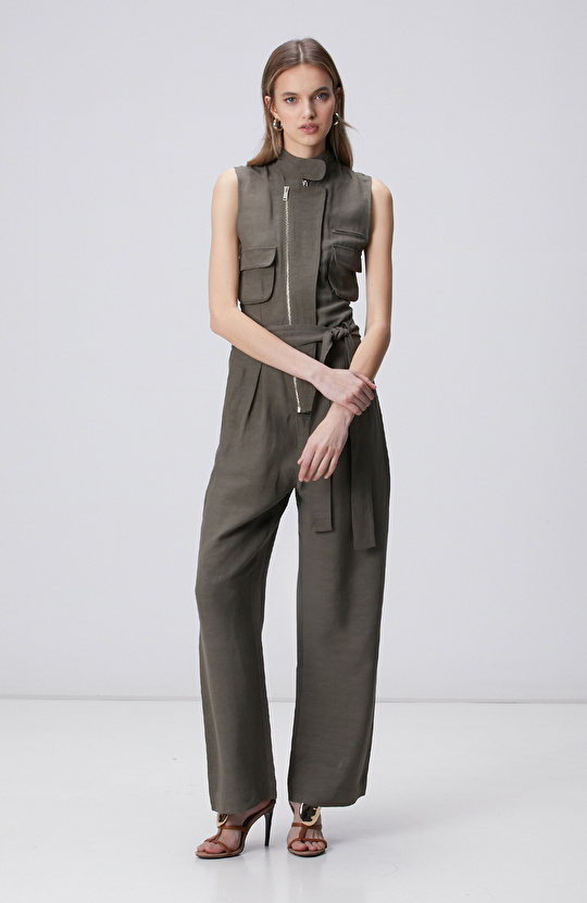 Haki Dik Yaka Kolsuz Keten Karışımlı Tulum