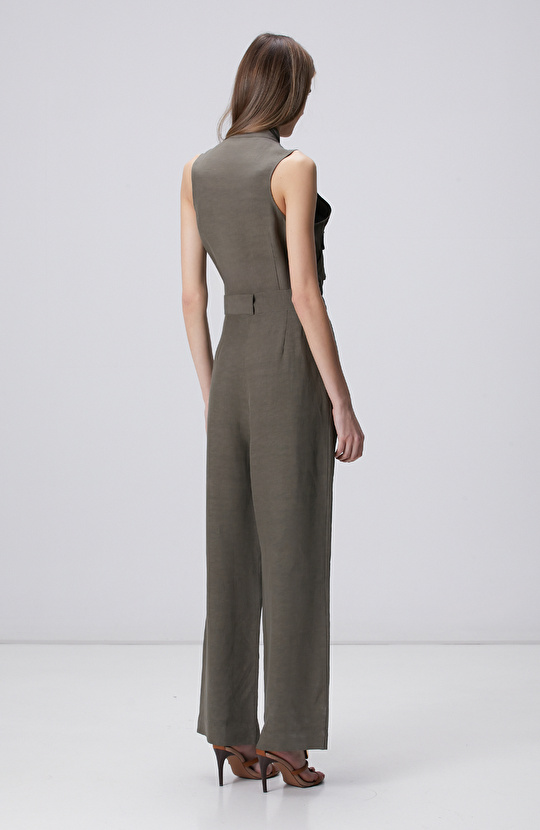 Haki Dik Yaka Kolsuz Keten Karışımlı Tulum