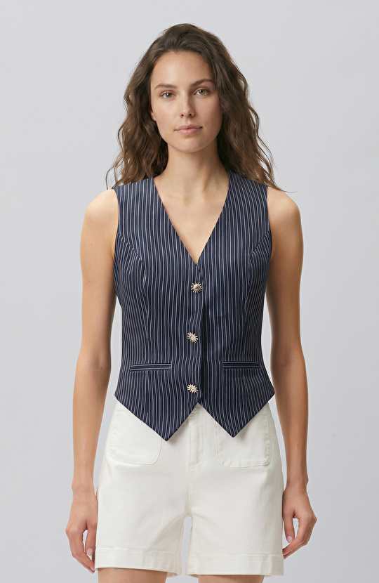 Navy Blue Striped Linen Mix Vest