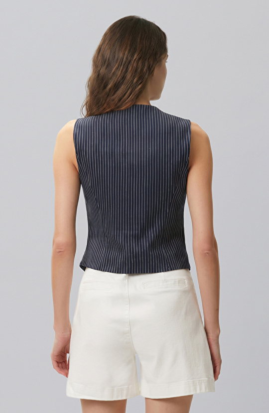 Navy Blue Striped Linen Mix Vest