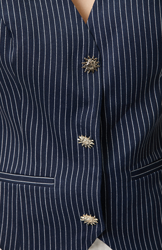 Navy Blue Striped Linen Mix Vest