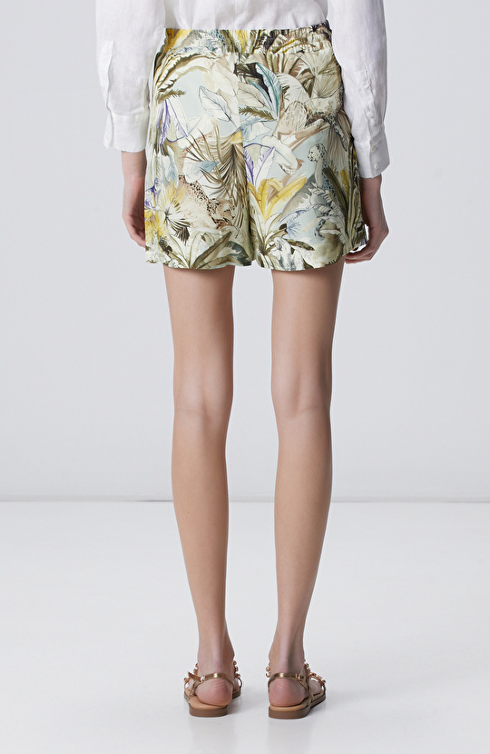 Yeşil Desenli Keten Şort