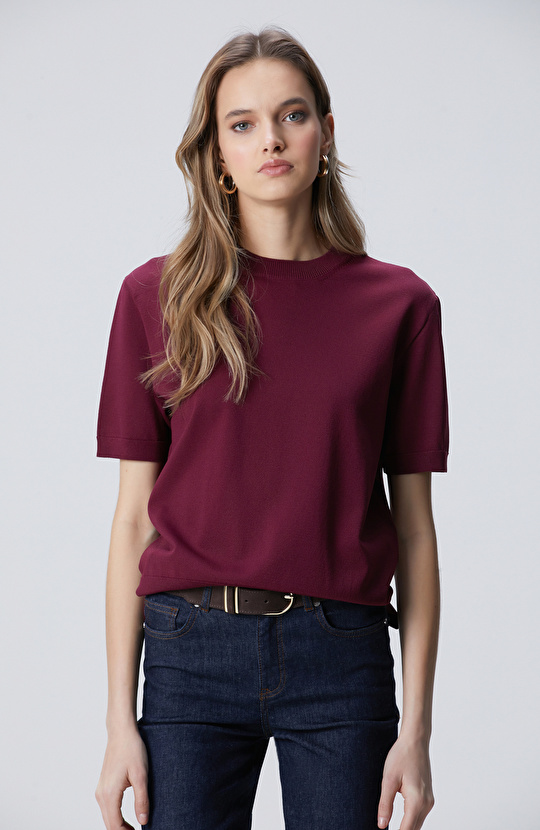 Bordo İnce Ribana Örgü Dik Yaka Rayon Basic Kazak