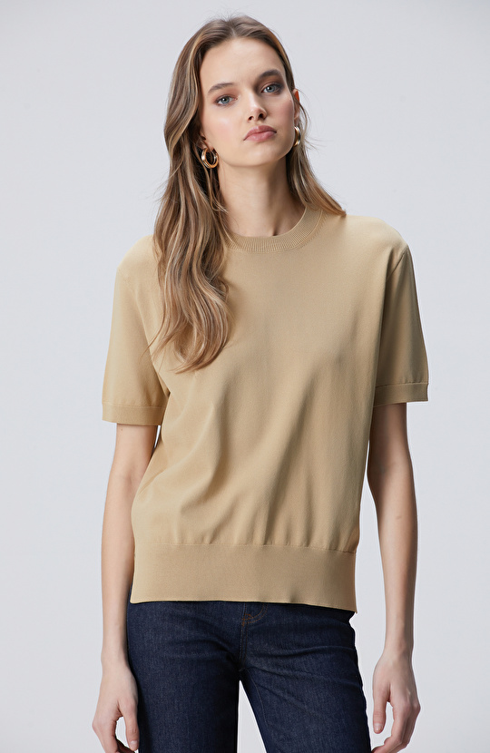 Camel İnce Ribana Örgü Dik Yaka Rayon Basic Kazak