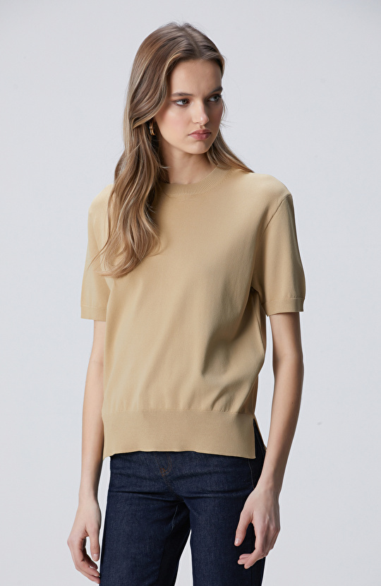 Camel İnce Ribana Örgü Dik Yaka Rayon Basic Kazak