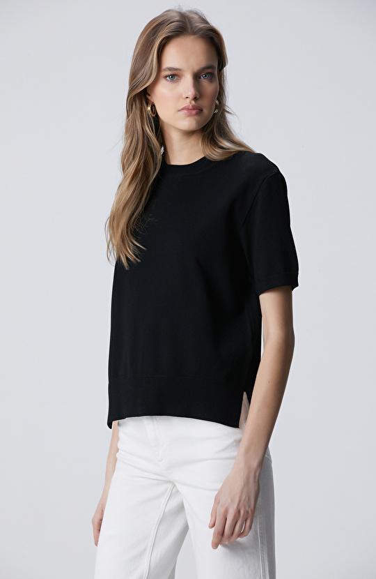 Siyah İnce Ribana Örgü Dik Yaka Rayon Basic Kazak