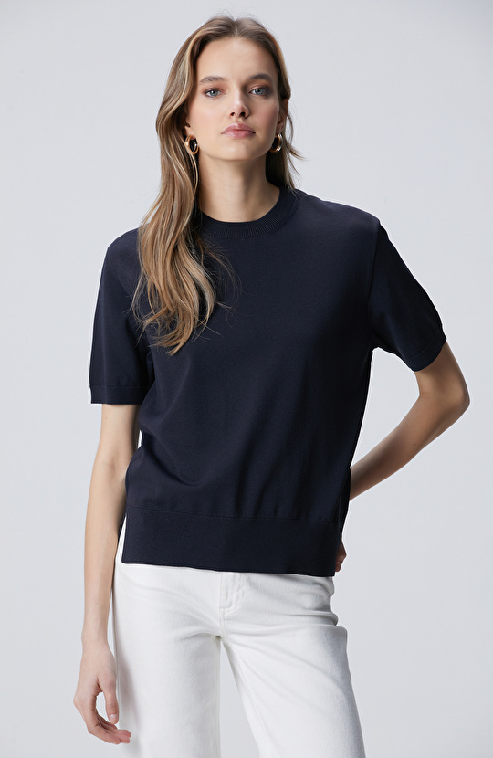 Lacivert İnce Ribana Örgü Dik Yaka Rayon Basic Kazak