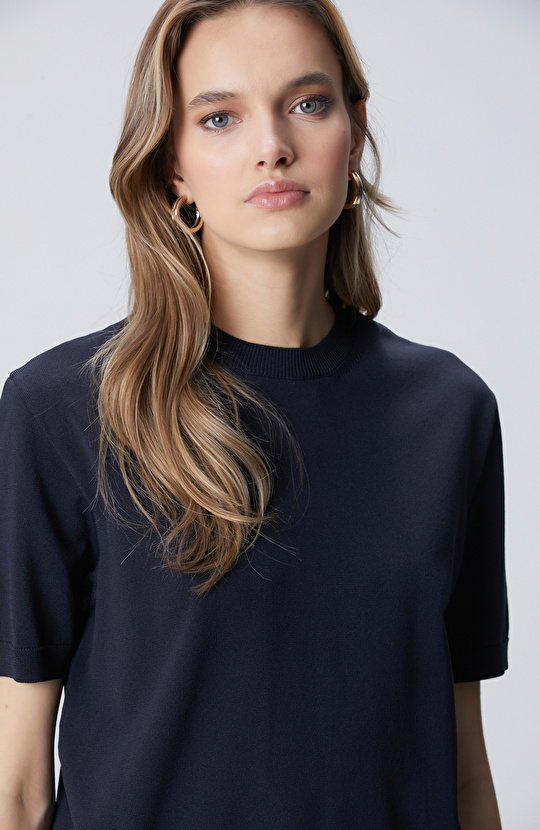 Lacivert İnce Ribana Örgü Dik Yaka Rayon Basic Kazak